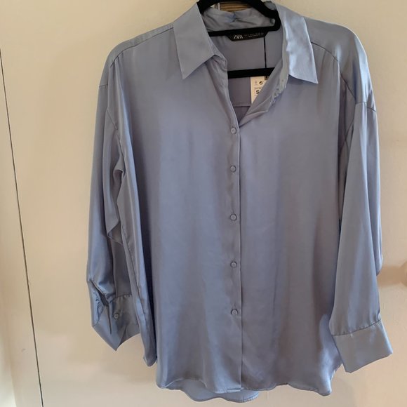 Zara Tops - Zara Blue Satin Long Sleeve Blouse Button Up